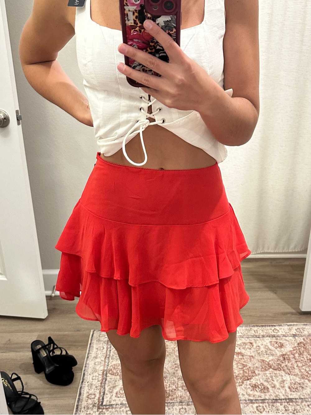 Bright Red Tiered Ruffle Skirt